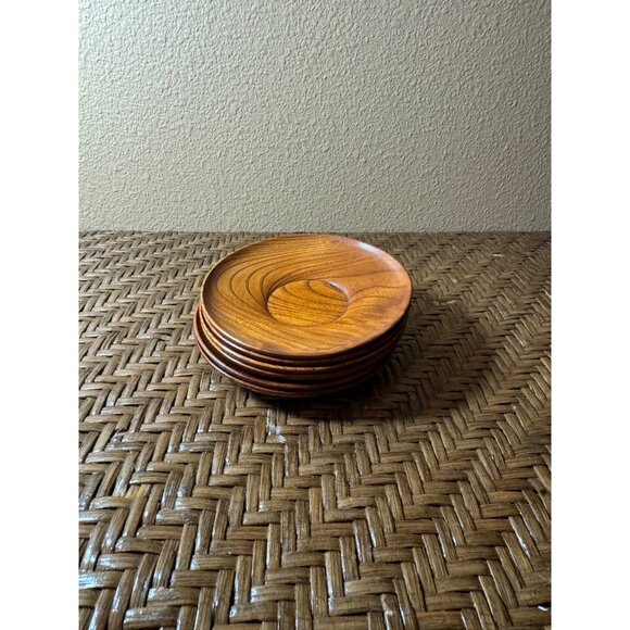 Danish Wooden Saucers Natural Grain Finish  Set Of 6 - Picture 5 of 7